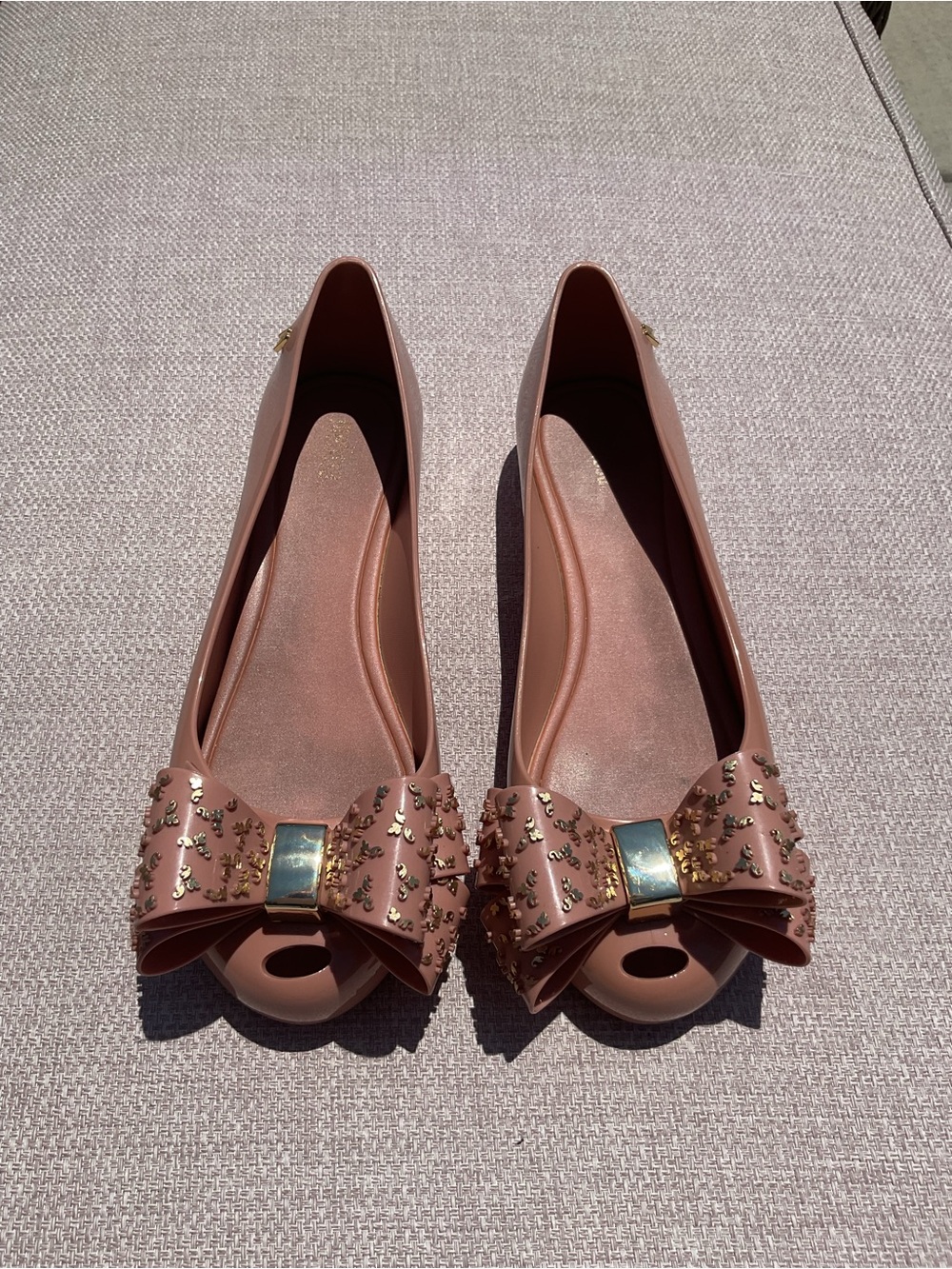 Melissa Rose Pink Bow Peep-Toe Flats with Gold Accent